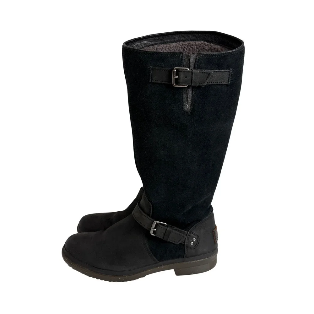 UGG Elsa Waterproof Black Leather Suede Tall Boots Womens 8.5 Moto Equestrian